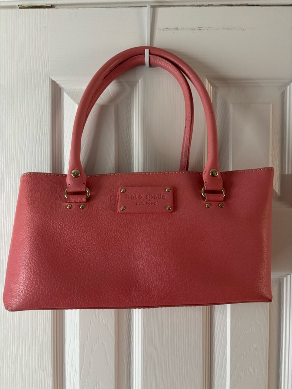 kate spade Coral Pink Leather Shoulder Tote with Gold Hardware and polka-dots